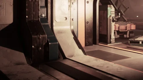 View inside a futuristic structure with metal surfaces and lighting Stock Footage 344957082