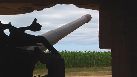 View of from inside German bunker gun artillery battery in Normandy, France Stock Footage 103227191