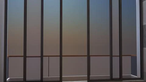 View from Inside a Glass Balcony at Dusk with Sliding Doors Illustrazione stock