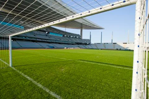 View from inside the goal in a stadium Stock Photos