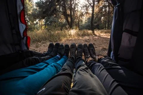 View from inside of group campers lying down in tent with forest background Stock Photos