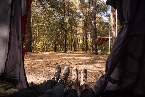 View from inside of group campers lying down in tent with forest background Stock Photos