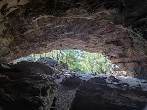 View from inside a large natural rock shelter looking out to a forest Stock Photos