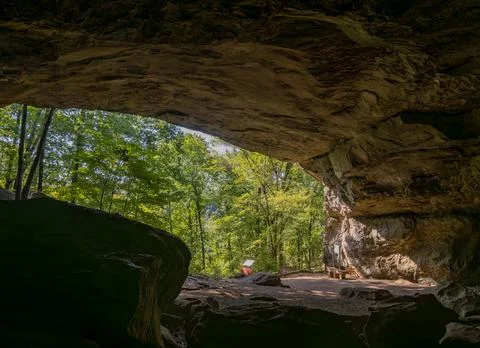 View from inside a large natural rock overhang in a forest Stock Photos