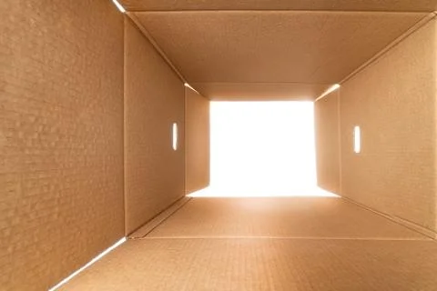 View from inside a large rough cardboard box Foto stock