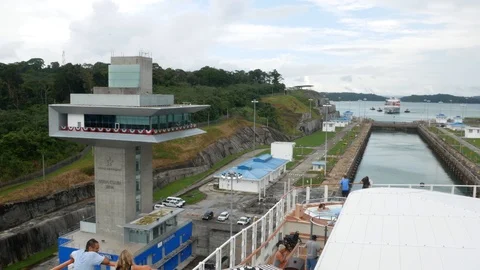 View from inside a luxury Cruise ship crossing Agua Clara locks. Stock-Footage 121456501