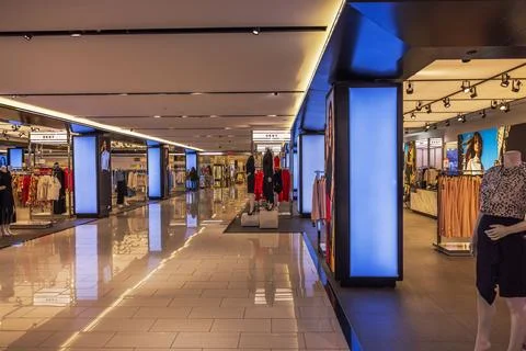 View of inside Macy's store showcasing the DKNY women's clothing department Stock Photos