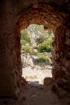 View from inside a medieval stone tower in Vila Velha de Ródão, Portugal Stock Photos