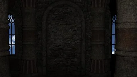 The view is inside the medieval tower made of stone. Inside it's dark Stock Illustration