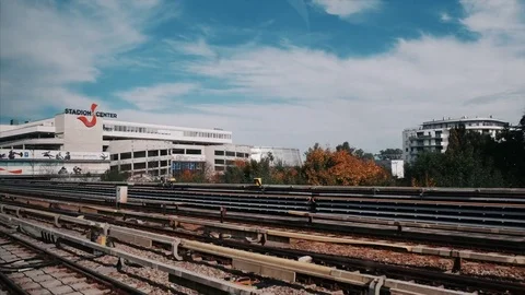 View from the inside of the metro to the Stadion Center in Vienna Stock Footage 82904688