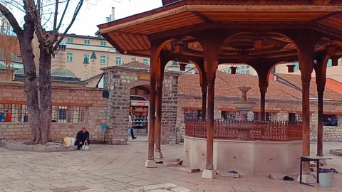 View inside mosque courtyard  at Bascarsija in Sarajevo. Stock Footage 246710886
