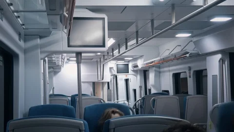 View from the inside of the moving modern subway carriage in Barcelona. Stock Footage 93827197