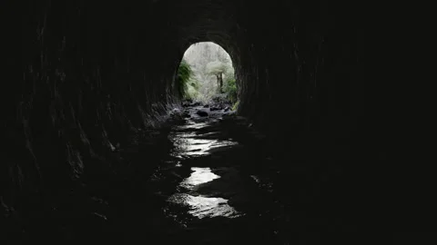 View from inside the newnes glow worm tunnel towards the entrance Stock Footage 152285445