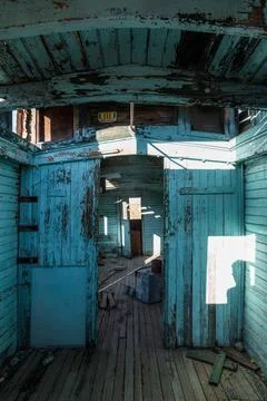 View inside an old train wagon in ghost town Rhyolite in the Death Valley Stock Photos