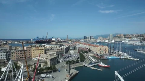 View from the inside of the panoramic elevator of the port of Genoa Stock Footage 118435843
