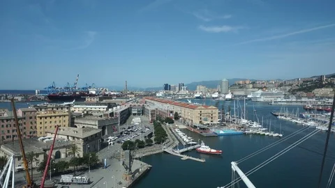View from the inside of the panoramic elevator of the port of Genoa Stock Footage 118435896