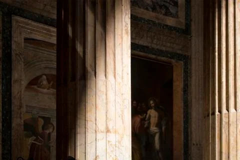 View of inside of Pantheon. A column, statue, religious objects and painting Stock Photos