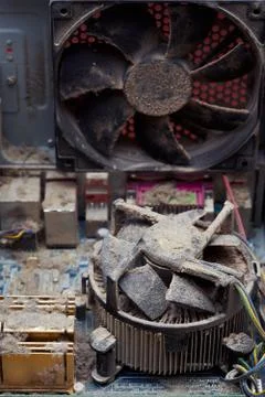 View inside the personal computer. Lot of dust on the processor. 스톡 사진
