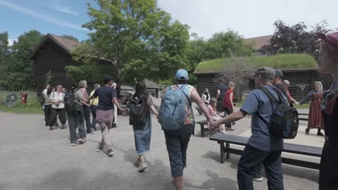 View from inside a ring of visitors holding hands during a folk dance Stock Footage 341288822