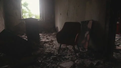 View from inside ruined and burnt flat after being hit by russian missile Stock Footage 220648576
