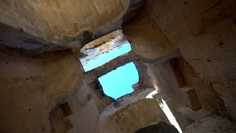 View inside the ruins of the Amphitheater. The camera is spinning from the Stock Footage 120309429