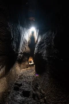View from inside of Serracozzo volcanic cave on mount Etna, Italy Stock Photos