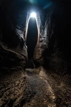View from inside of Serracozzo volcanic cave on mount Etna, Italy Stock Photos