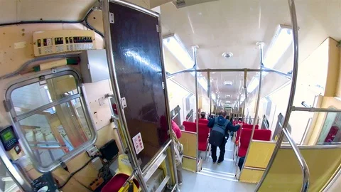 A view inside the small train in the Kurobe Dam in Japan Stock Footage 129276378
