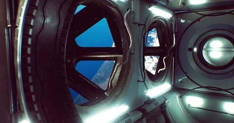 View from inside a spacecraft looking out at Earth in low orbit Stock Illustration
