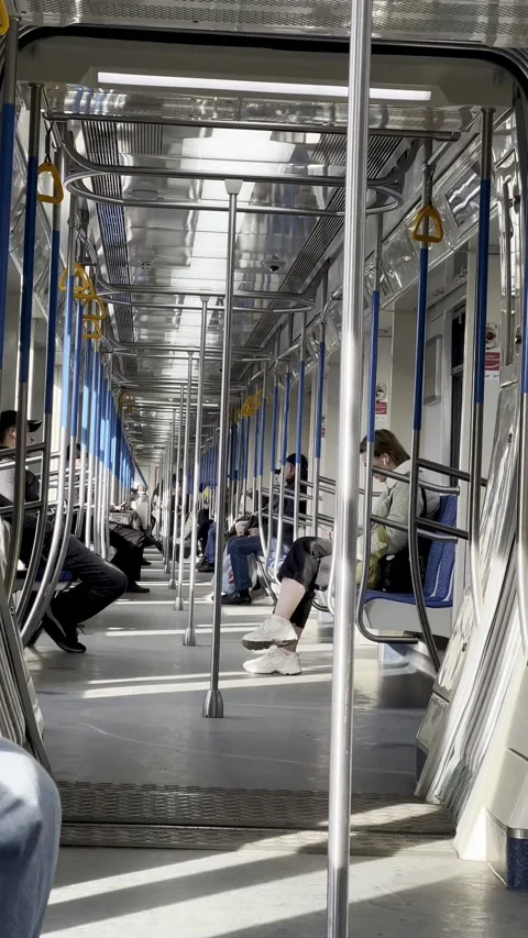 A view inside a subway car traveling on a bright sunny day with passengers.  Stock Footage 239851542