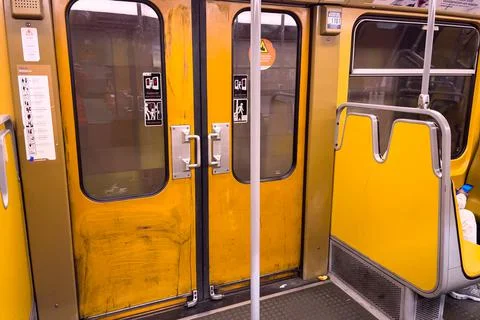 View of the inside of a subway train with the door closed in Brussels Stock Photos
