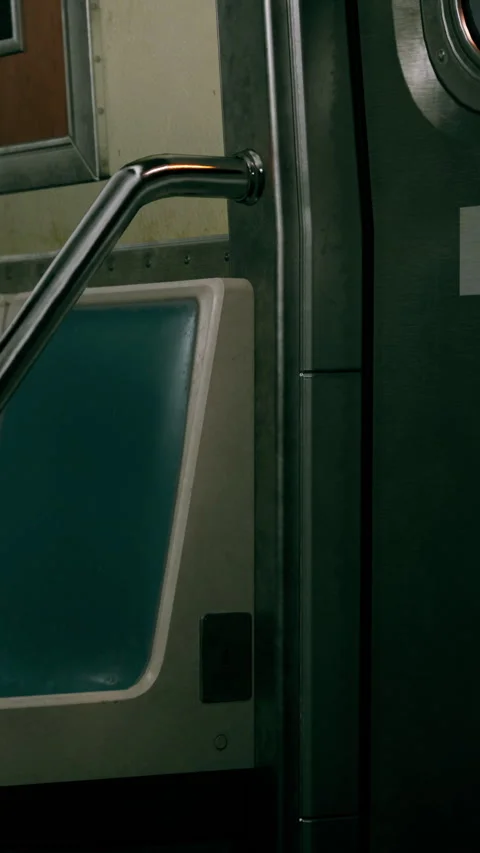 A view inside a train car reveals empty seats and stainless steel handrails Stock Footage 340648904
