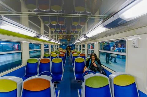 View inside a train of the Metro in Paris, France Foto stock