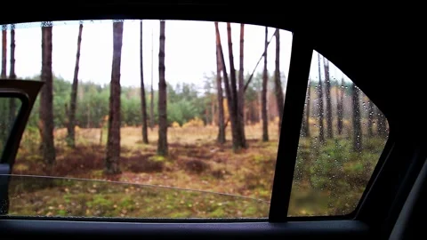 View from inside vehicle cabin looking out through side window with raindrops Stock Footage 328818136