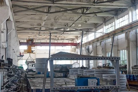 View from inside the workshop for the production of reinforced concrete produ Stock Photos