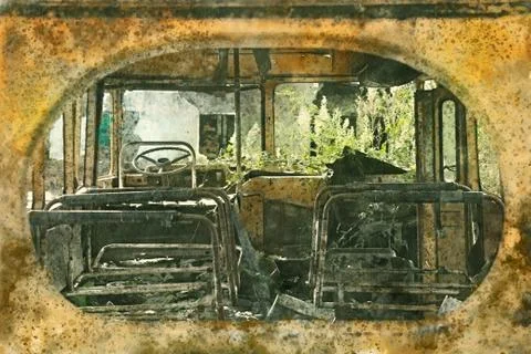 View inside yellow retro bus, vintage. Stock Illustration