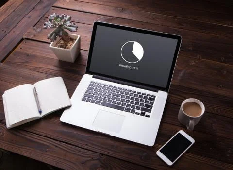 View of Installing update with circle load percentage waiting indicator concept  Stock Photos
