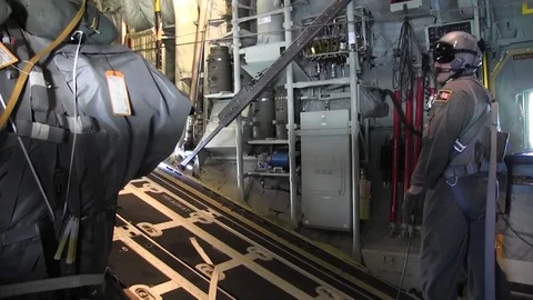 View from interior of C-130 Hercules of rear ramp opening Stock Footage 111568255