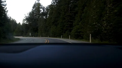 A view from the interior of a car of a mountain forest highway with a car dash Stock Footage 111448844
