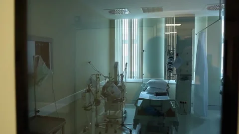 View interior of contemporary modern clean hospital room with empty bed and Stock Footage 308188976