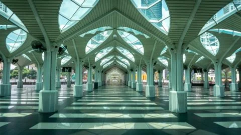 The view of the interior design and prayer hall of the KLCC Mosque or Masjid  Stock Photos