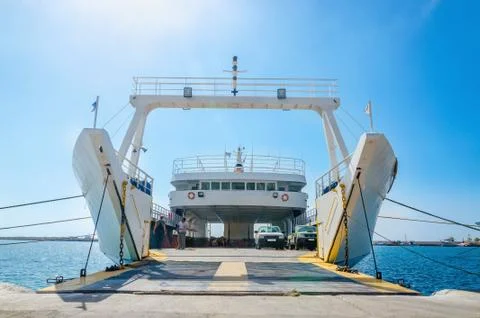 View on interior of empty ferry waiting in harbour Stock Photos