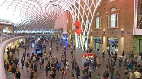 View of the interior of King's Cross station in London Stock Footage 57198292