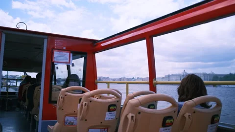 View of the interior of a red double-decker sightseeing bus Stock Footage 155427334