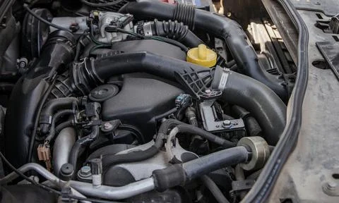 View of internal parts under the open hood of the car Stock Photos