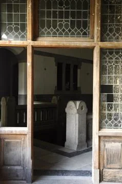 View of the internal space. Close-up of the column of the stairs. Stock Photos