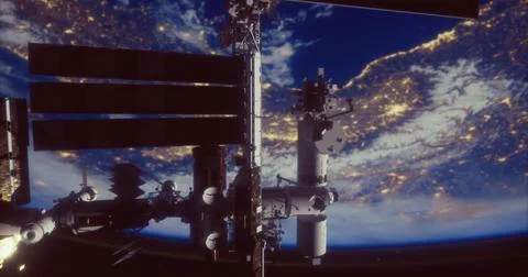View of the International Space Station over Earth at night with city lights Ilustração Stock