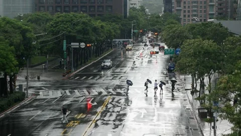 View at intersection with pedestrian crossing street in taiwan urban centra.. Stock Footage 267715311