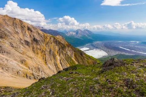 View of the intersection of Root Glacier (left) and Kennicott Glacier (right) fr Stock Photos