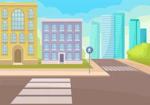 View on intersection of street with crosswalks and signs, houses and skyscrapers Illustrazione stock
